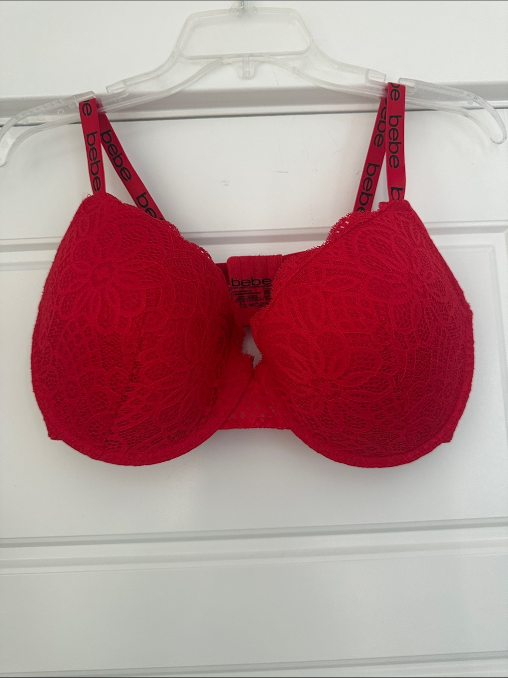 bebe Red Lace Padded Bra with Logo Straps. Never been worn.